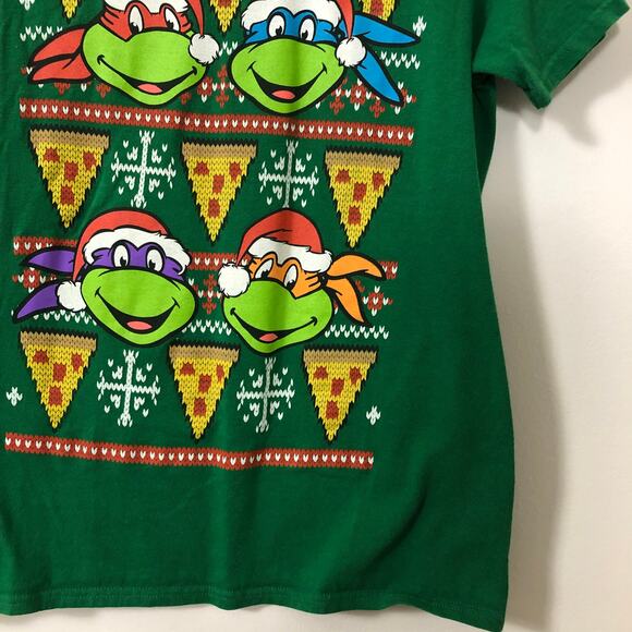 TMNT Christmas T-Shirt Ninja Turtles Small Ugly Sweater Style Graphic Tee Pizza - Picture 2 of 6